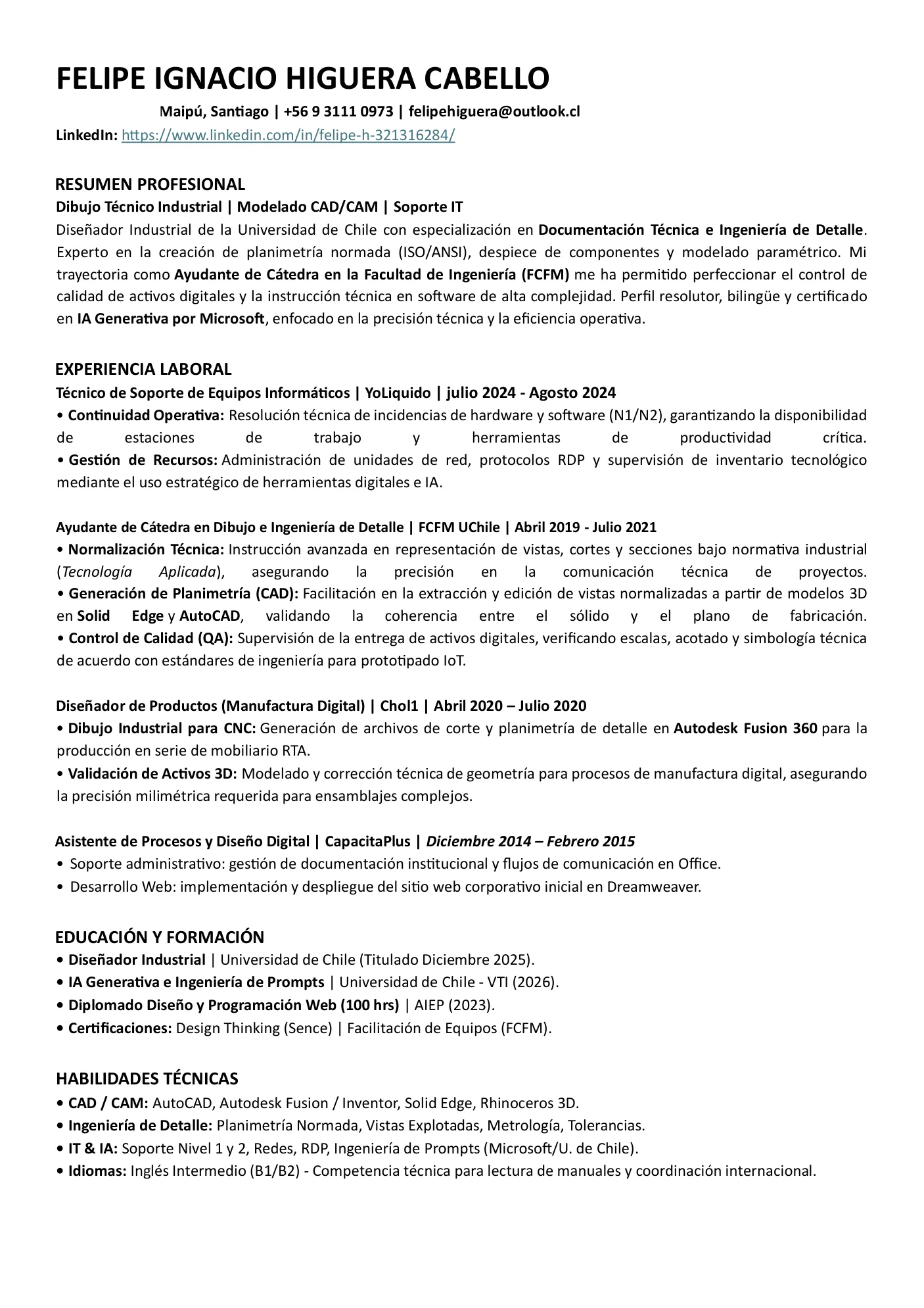 Hoja 1 de 1 del currículum de Felipe Higuera: resumen profesional, experiencia laboral, educación y habilidades técnicas.